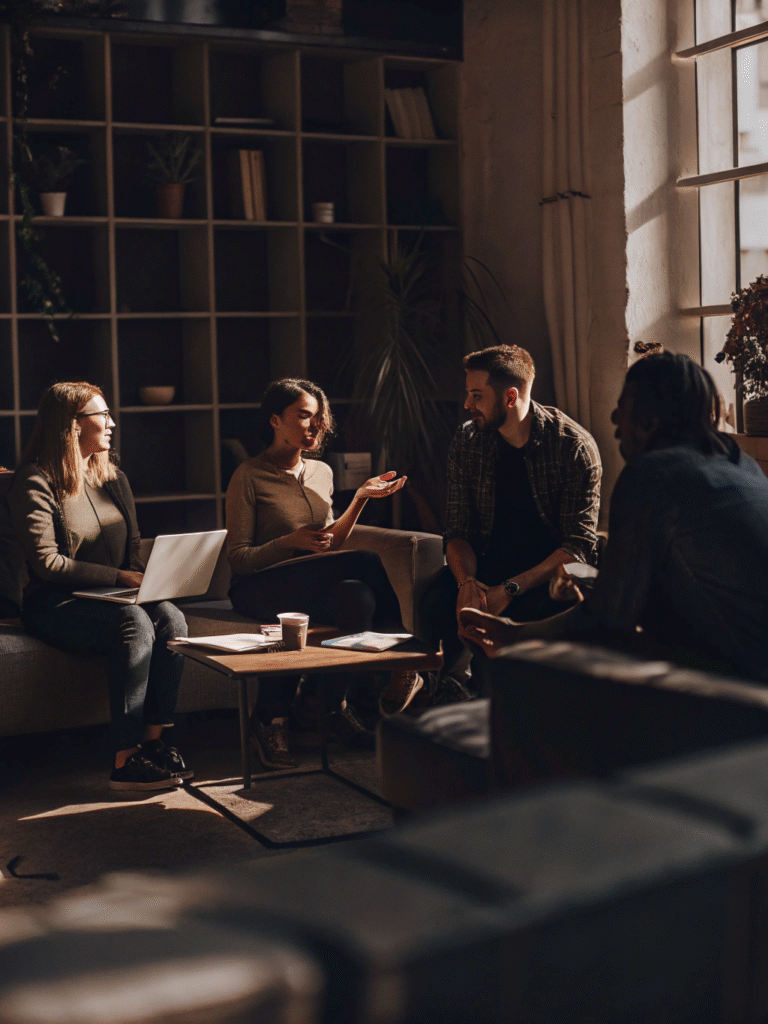 A team of certified specialists discusses tasks in a modern office area, demonstrating team training and continuous professional development.