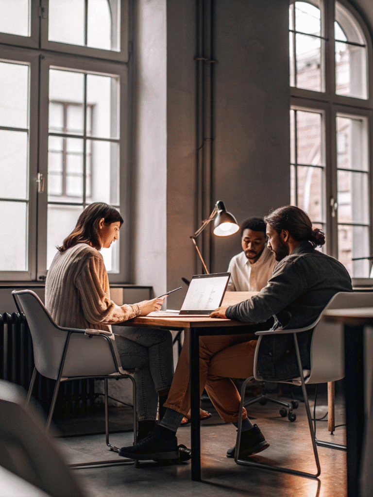A team of 3 colleagues is working together on a task at a workplace near a window