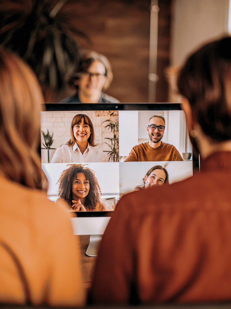 A team of SEO specialists conducts an online conference call with clients to provide a report