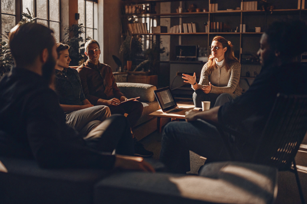 A team of employees discusses the project in a modern office area, sitting on a sofa and chairs, in the atmosphere of a business meeting.